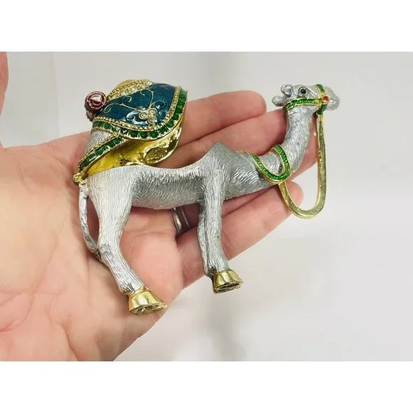 Crystal Bejeweled Camel Heavy Latching Trinket Box Silver Gold Emerald Colored - Picture 6 of 16